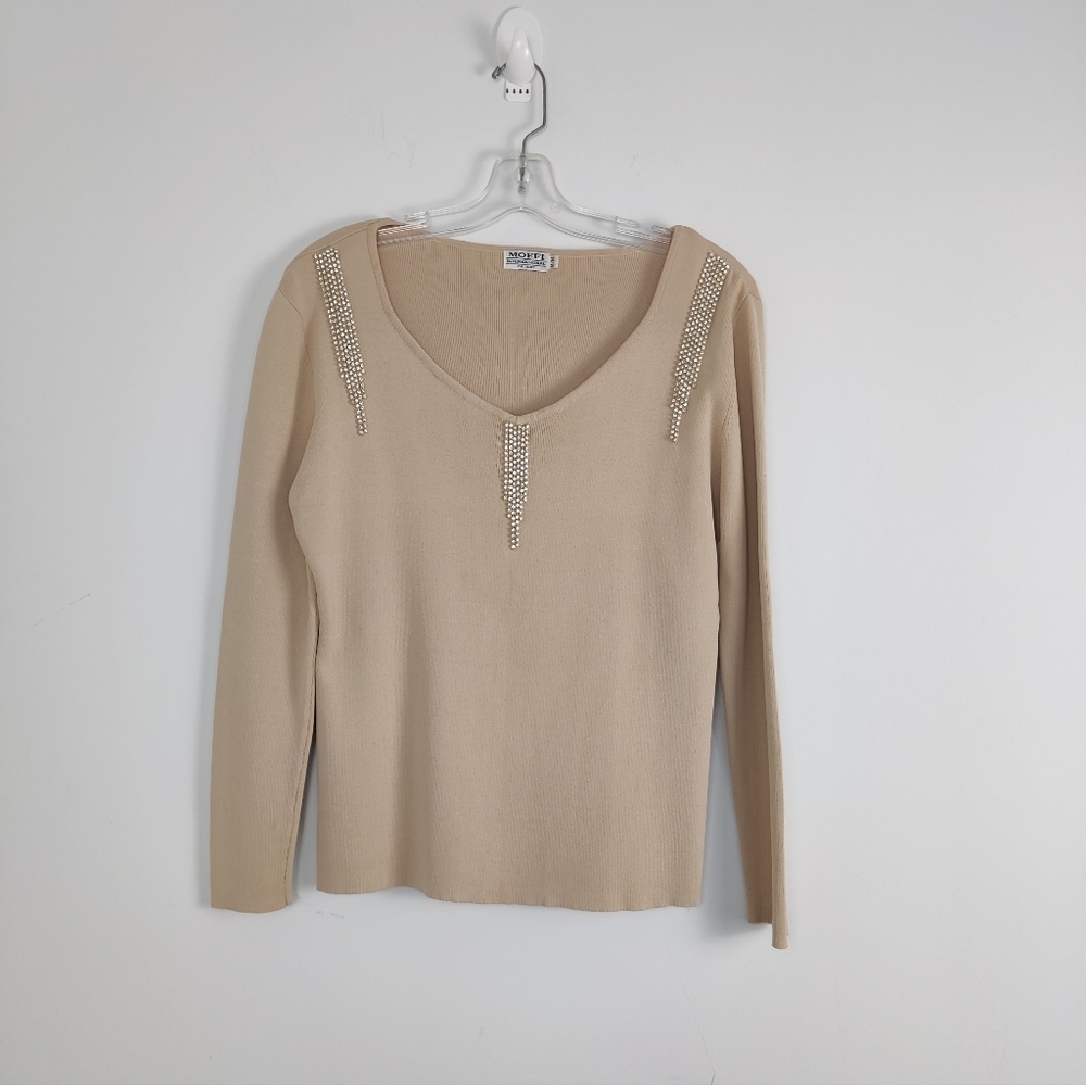 Women's Moffi International Beige Sweater with Stud Detail - Size M